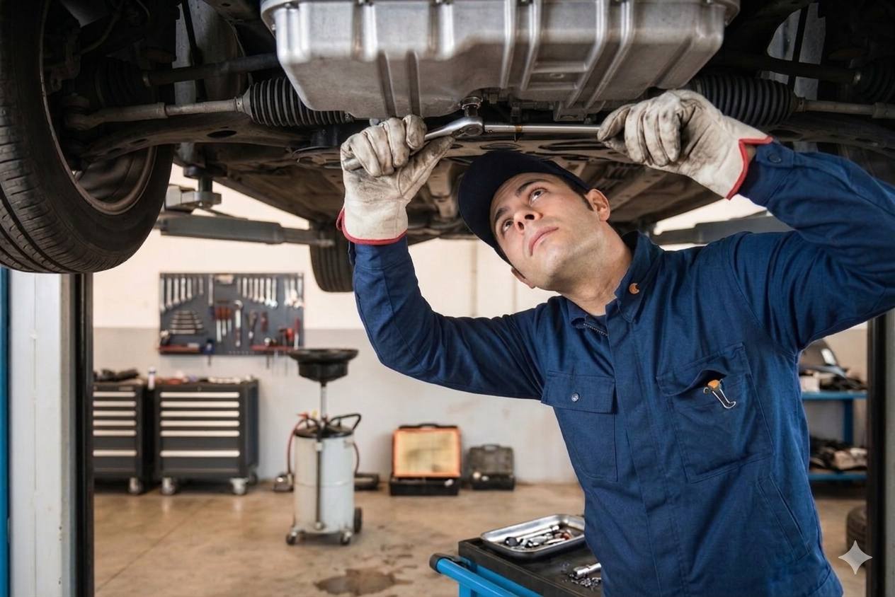 Mechanic installing an oil drain plug in a workshop bay