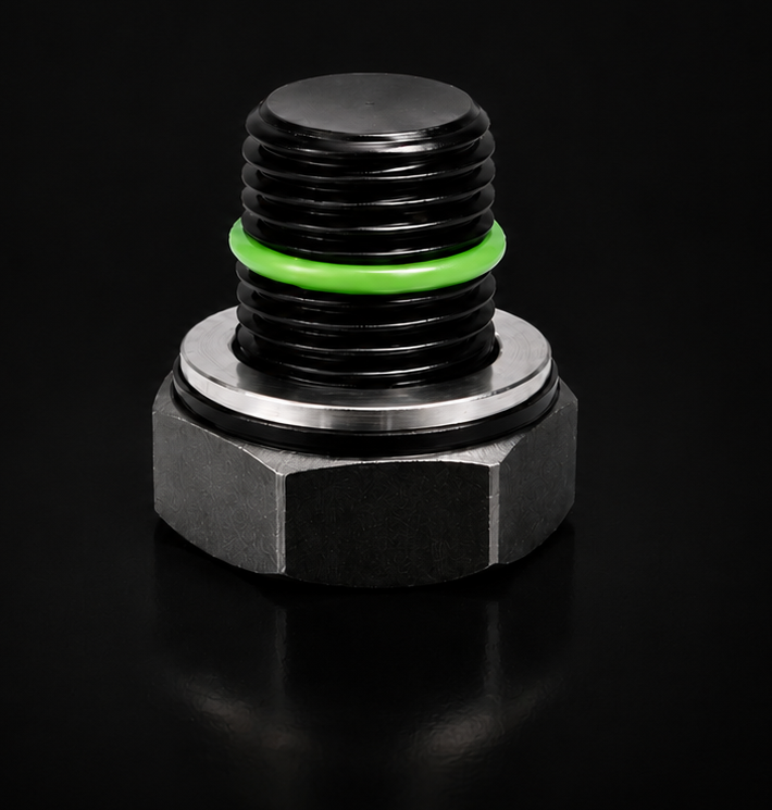 SMART-O® drain plug with green O-ring and metal sealing washer