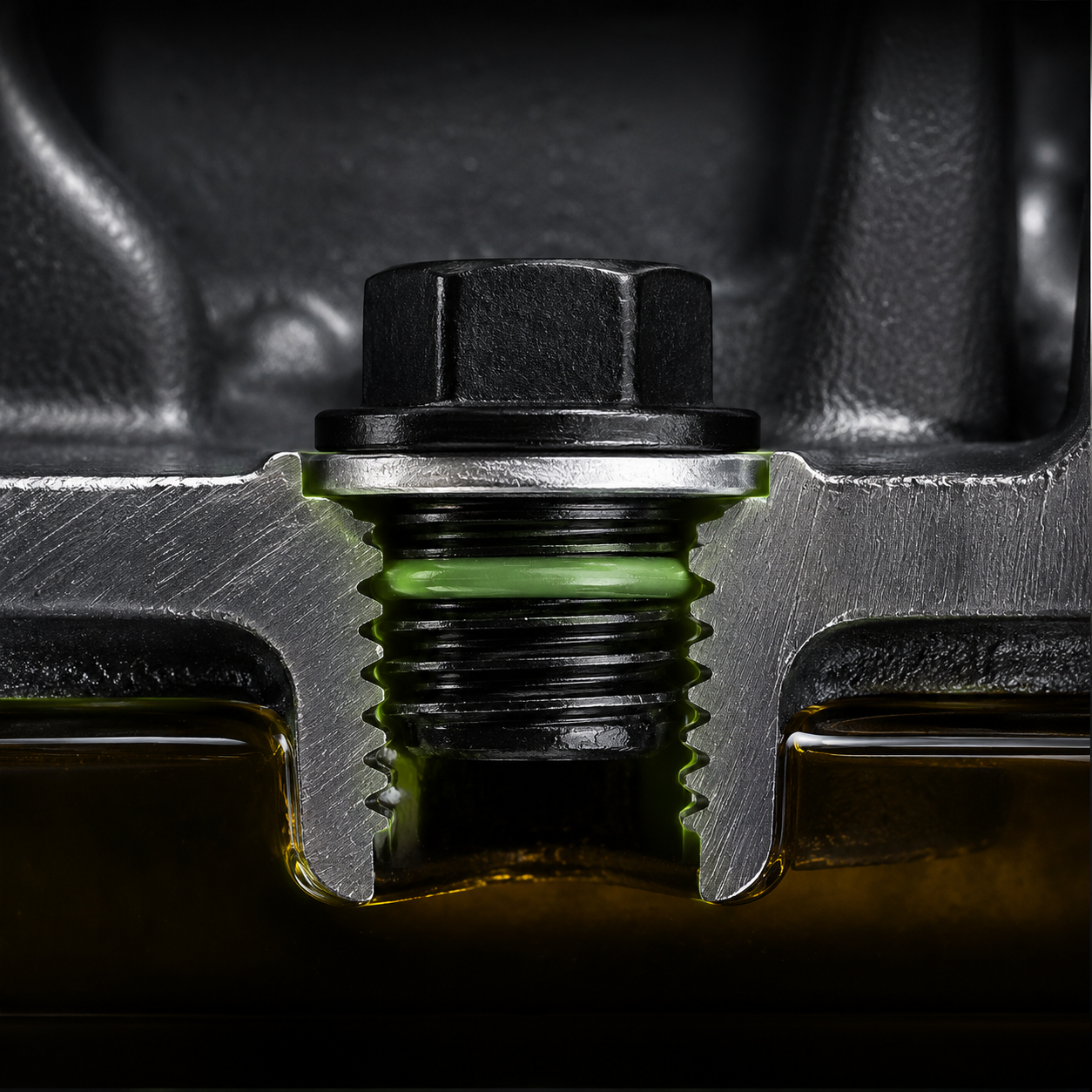 SMART-O® plug installed in a cutaway oil pan showing the green sealing ring and engine oil contact
